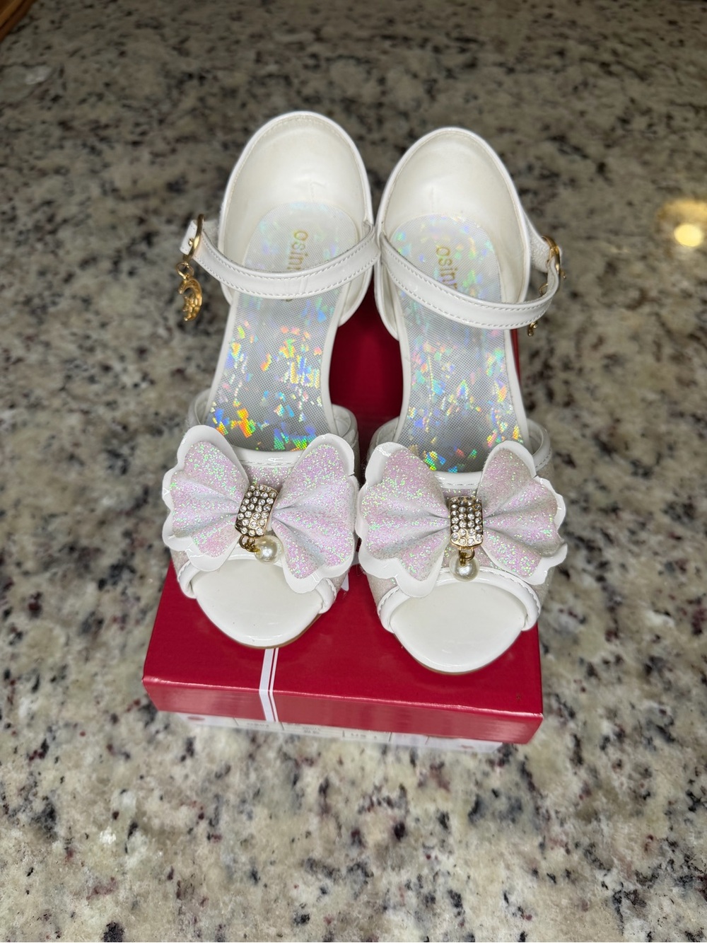 Girls White Glitter Bow Dress Sandals